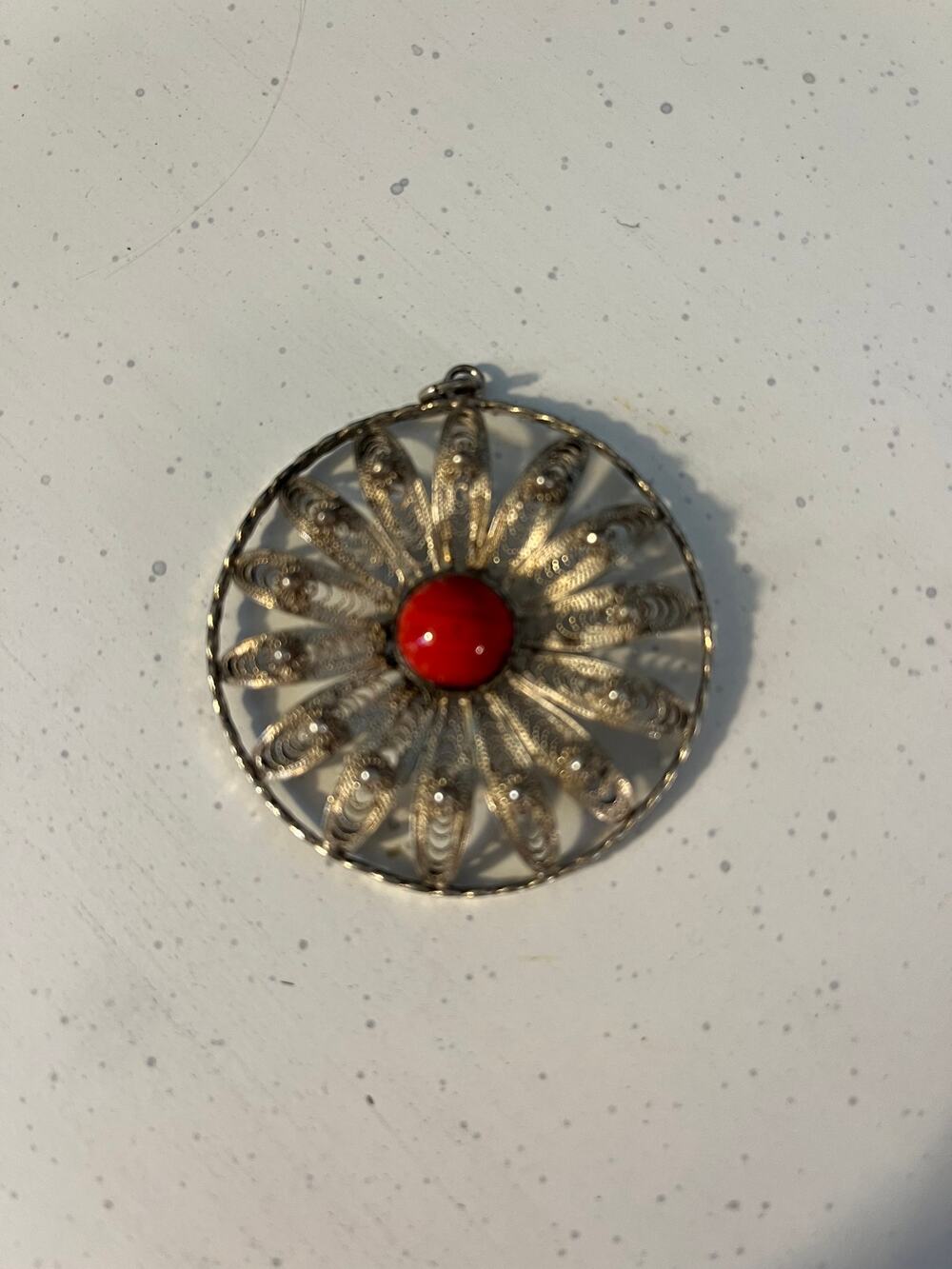 Sterling silver filigree floral design red bead round shape pendant